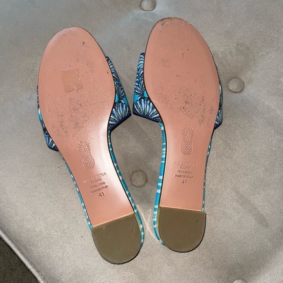 AQUAZZURA Mykonos Shell-Print Slide Sandals Blue Pattern Bright Travel Slides 41 - Picture 12 of 12